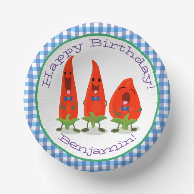 Cute singing chilli peppers cartoon illustration paper plate (Front)