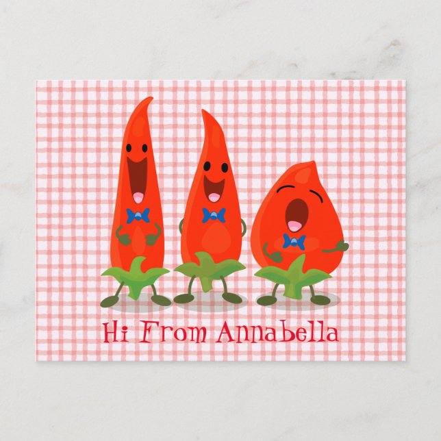 Cute singing chilli peppers cartoon illustration postcard (Front)