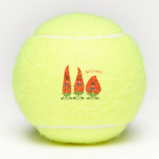 Cute singing chilli peppers cartoon illustration tennis balls (Front)