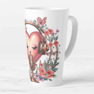 Cute Singing Heart with Headphones and Flowers Latte Mug
