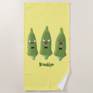 Cute singing okra vegetable cartoon beach towel