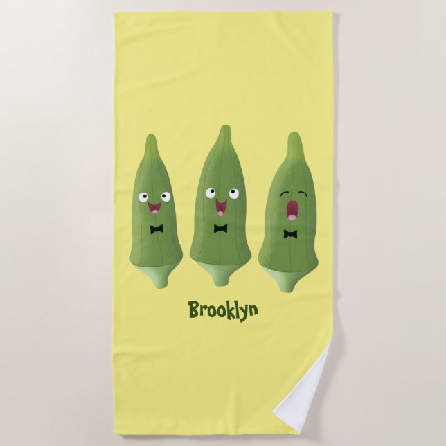 Cute singing okra vegetable cartoon beach towel (Front)