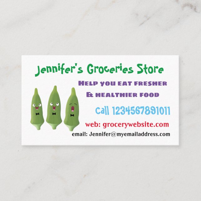 Cute singing okra vegetable cartoon business card (Front)