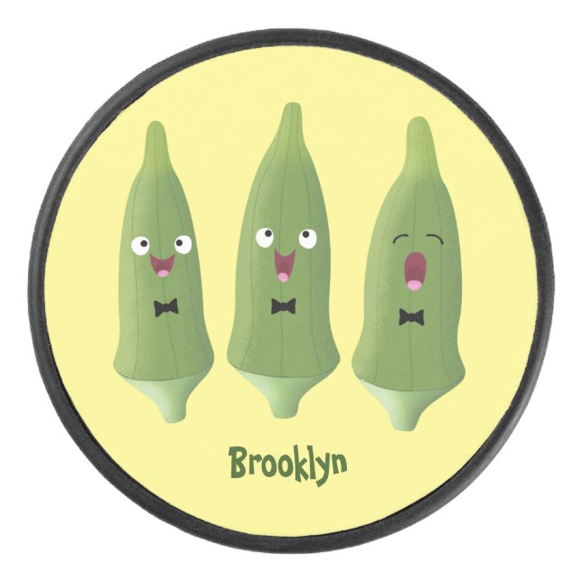 Cute singing okra vegetable cartoon hockey puck (Front)