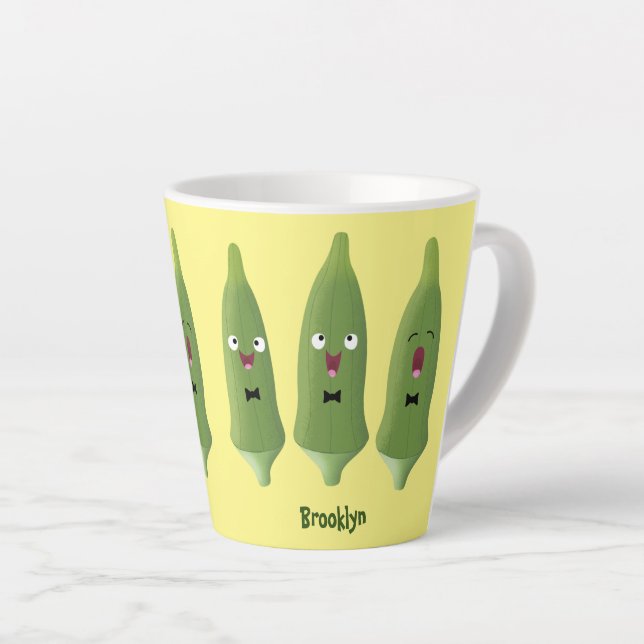 Cute singing okra vegetable cartoon  latte mug (Right Angle)