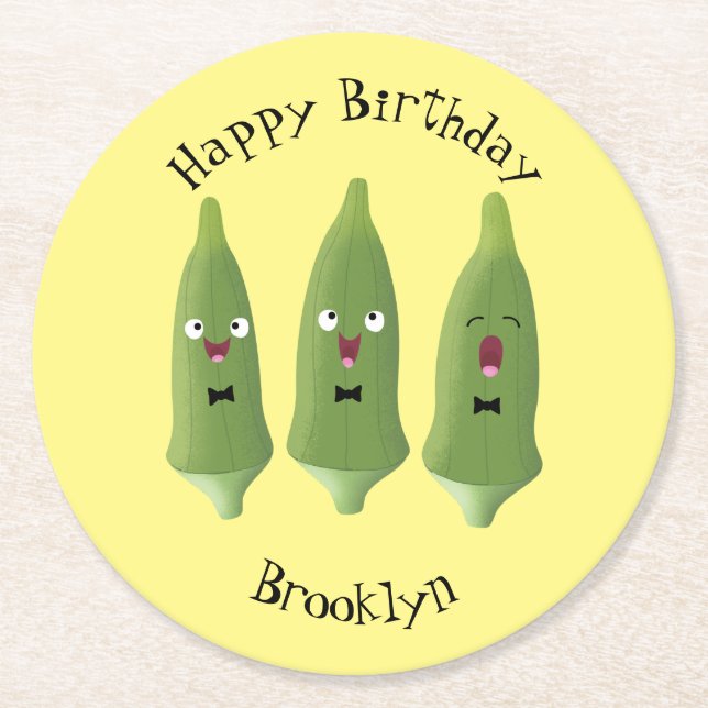 Cute singing okra vegetable cartoon round paper coaster (Front)