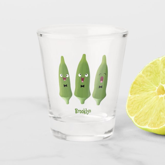 Cute singing okra vegetable cartoon  shot glass (Front)