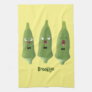 Cute singing okra vegetable cartoon tea towel