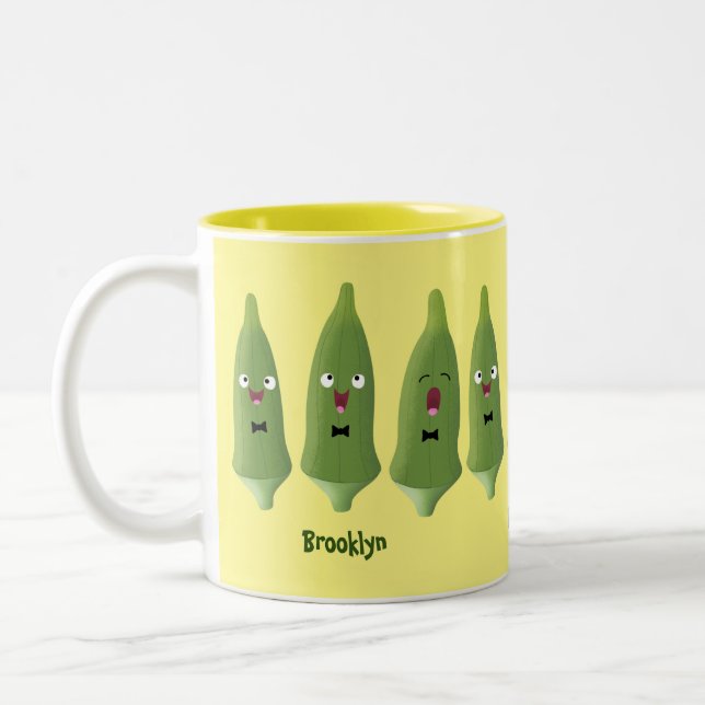 Cute singing okra vegetable cartoon Two-Tone coffee mug (Left)