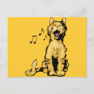Cute singing orange cat drawing with musical notes postcard