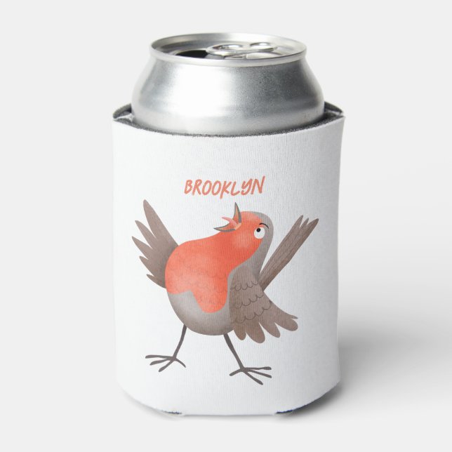 Cute singing robin bird cartoon can cooler (Can Front)
