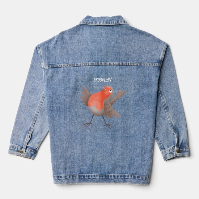 Cute singing robin bird cartoon denim jacket (Back)
