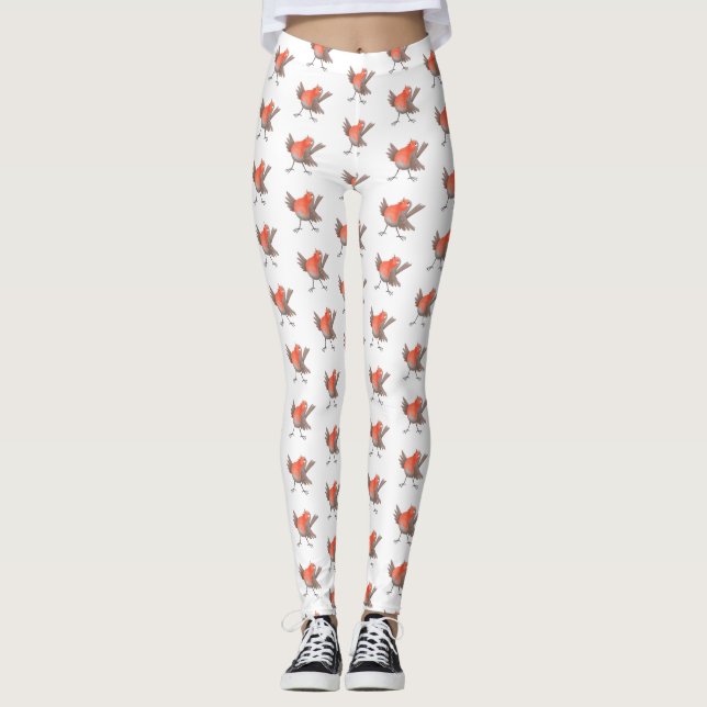 Cute singing robin bird cartoon leggings (Front)