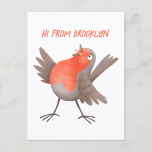 Cute singing robin bird cartoon postcard