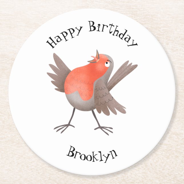 Cute singing robin bird cartoon  round paper coaster (Front)