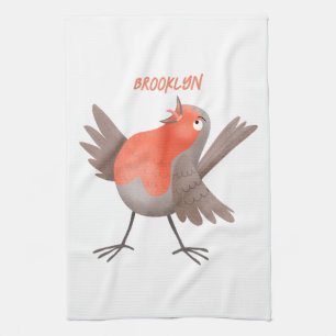 Cute singing robin bird cartoon tea towel