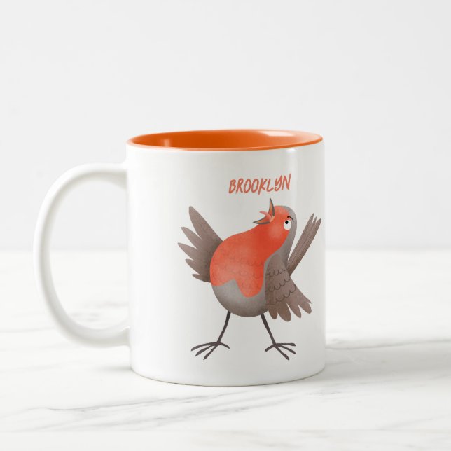 Cute singing robin bird cartoon Two-Tone coffee mug (Left)
