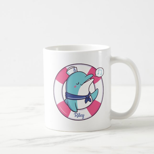 Cute Singing Sailor Dolphin, Personalised Coffee Mug (Right)