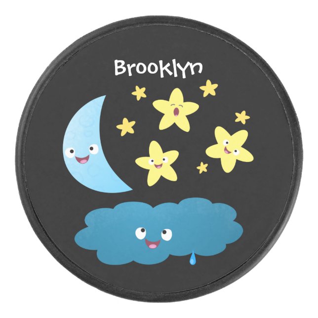 Cute singing stars, moon and cloud cartoon hockey puck (Front)