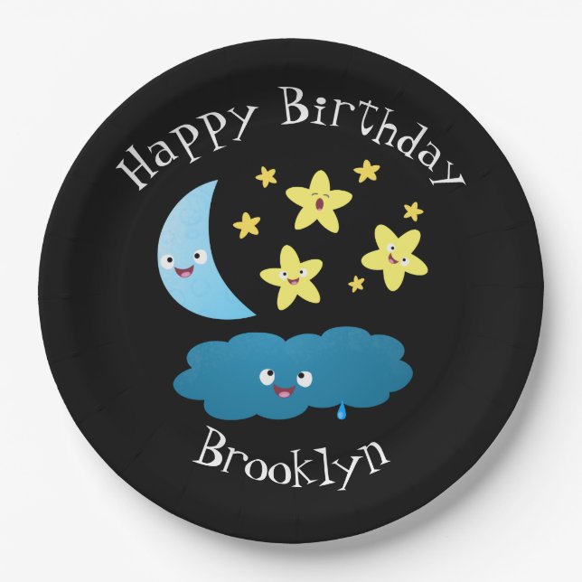 Cute singing stars, moon and cloud cartoon paper plate (Front)