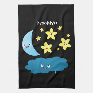 Cute singing stars, moon and cloud cartoon tea towel