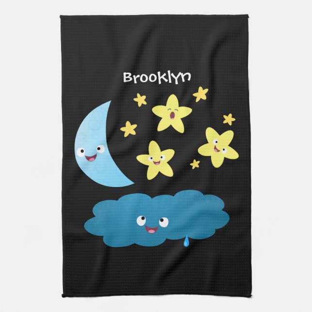 Cute singing stars, moon and cloud cartoon tea towel (Vertical)