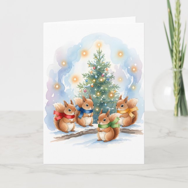 Cute Singing Woodland Squirrels Watercolor Holiday Card (Front)