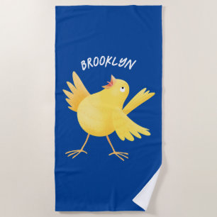 Cute singing yellow canary bird cartoon beach towel