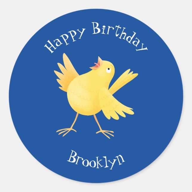 Cute singing yellow canary bird cartoon classic round sticker (Front)