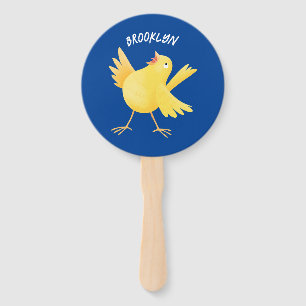 Cute singing yellow canary bird cartoon hand fan