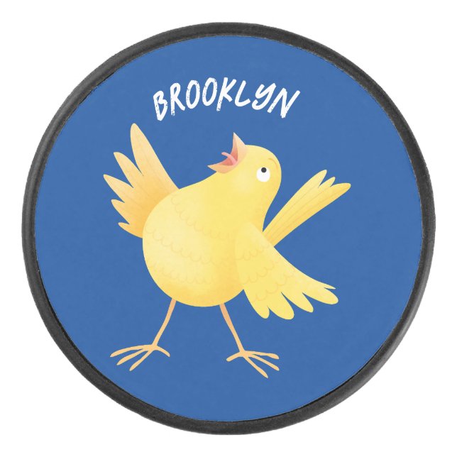 Cute singing yellow canary bird cartoon hockey puck (Front)