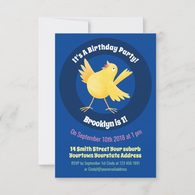 Cute singing yellow canary bird cartoon invitation (Front)