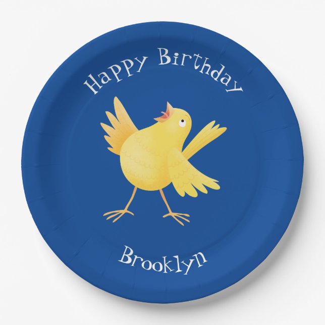 Cute singing yellow canary bird cartoon paper plate (Front)