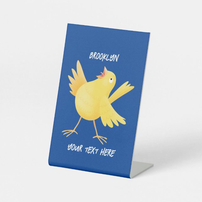 Cute singing yellow canary bird cartoon pedestal sign (Front)