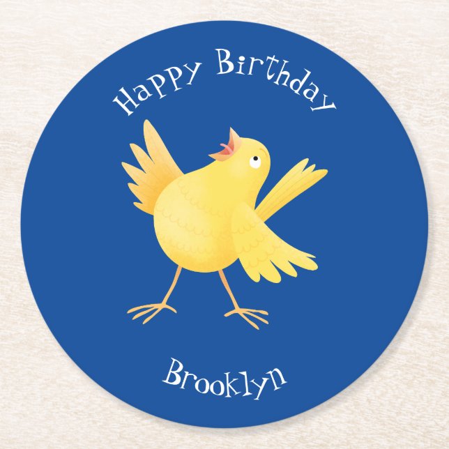 Cute singing yellow canary bird cartoon round paper coaster (Front)
