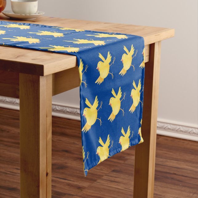Cute singing yellow canary bird cartoon  short table runner (In Situ)
