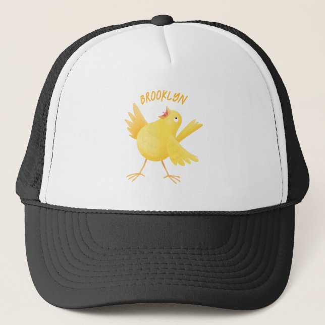 Cute singing yellow canary bird cartoon trucker hat (Front)