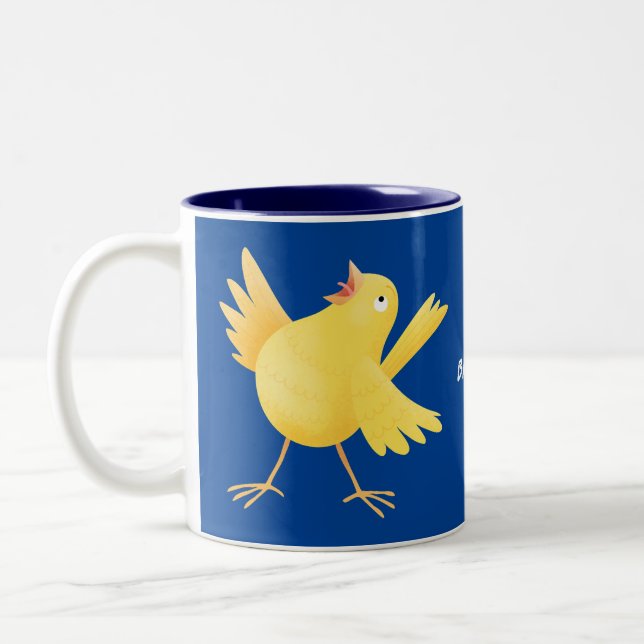 Cute singing yellow canary bird cartoon Two-Tone coffee mug (Left)