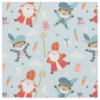 Cute Sinterklaas and Piet Pattern on Blue Fabric