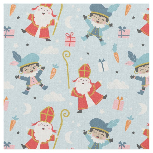 Cute Sinterklaas and Piet Pattern on Blue Fabric (Close Up)