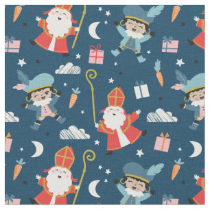 Cute Sinterklaas and Piet Pattern on navy Fabric