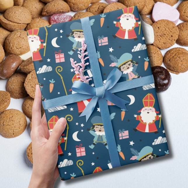 Cute Sinterklaas and Piet Pattern on navy Wrapping Paper (Creator Uploaded)