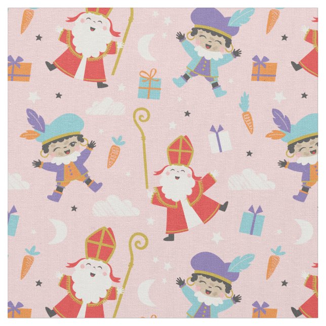 Cute Sinterklaas and Piet Pattern on Pink Fabric (Close Up)