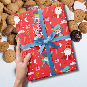 Cute Sinterklaas and Piet Pattern on Red Wrapping Paper