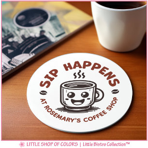 Cute Sip Happens Coffee Theme Round Paper Coaster
