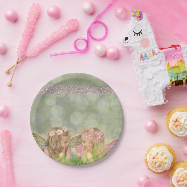 Cute Sister Fairy Friends in Pink Fantasy Art Paper Plate (Party)