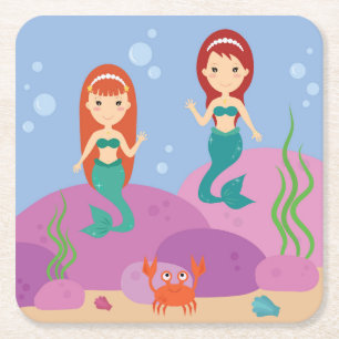 Cute sister mermaids swimming underwater square paper coaster