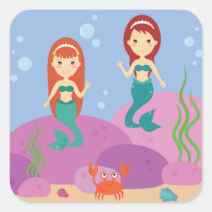 Cute sister mermaids swimming underwater square sticker