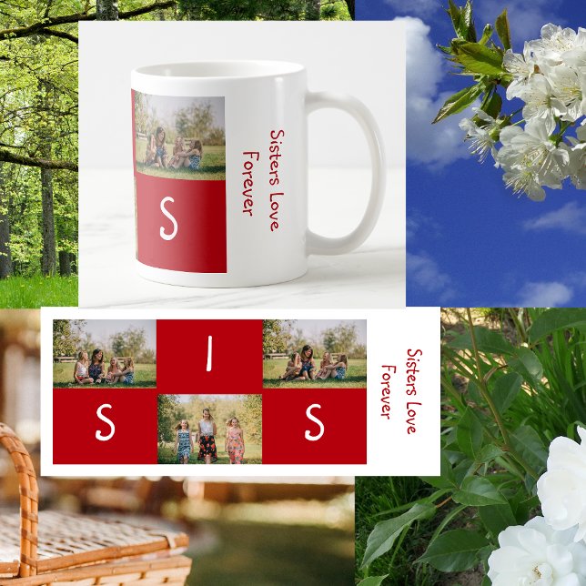 Cute Sisters Love Forever SIS 3 Custom Photos Coffee Mug (Sisters Love Forever. Personalized mug w/ 2 photos and the letters SIS. Minimalist, elegant, modern)