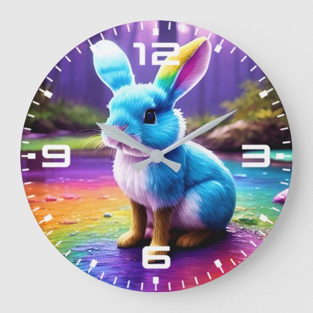 Cute Sitting Blue Bunny Portrait  Large Clock (Front)